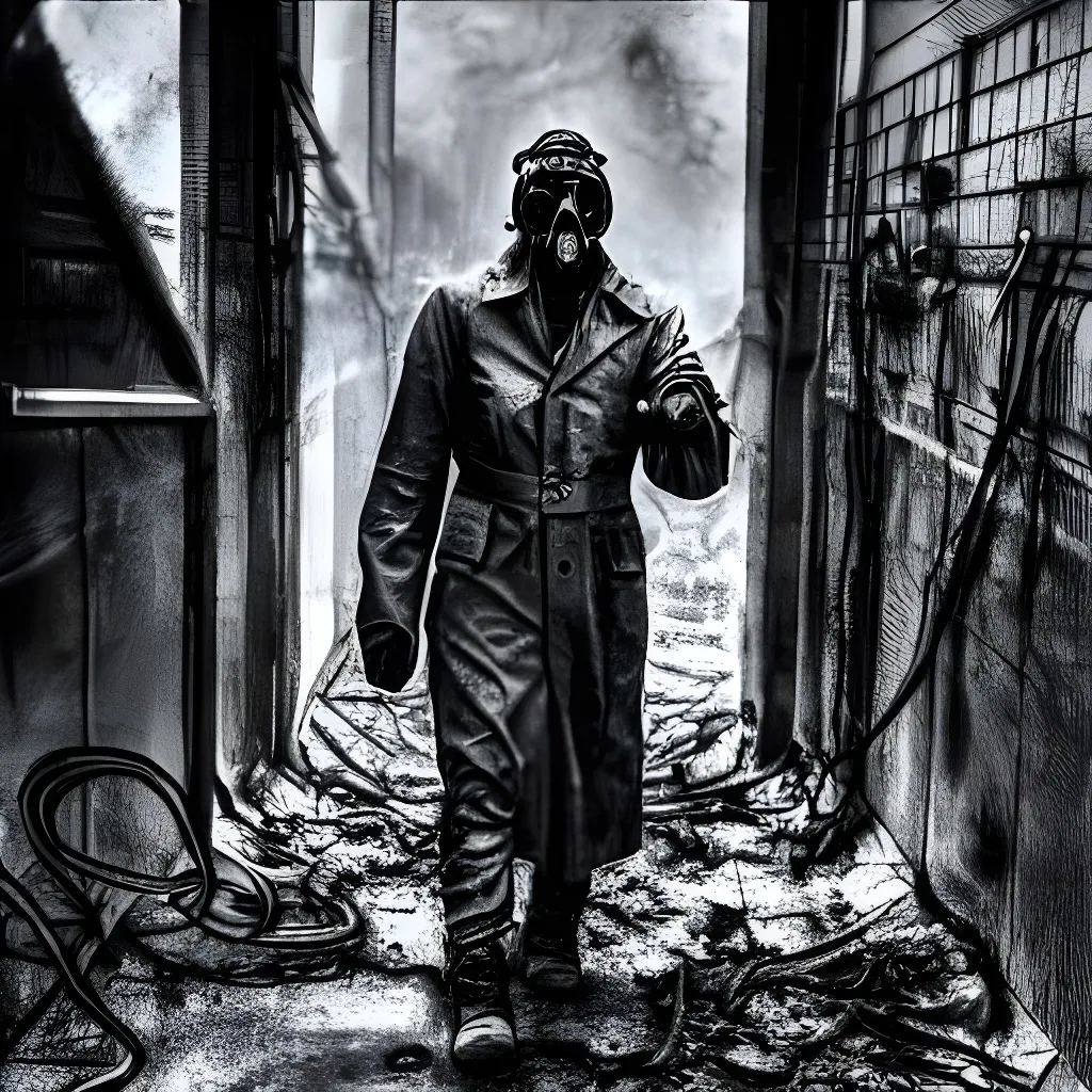 Prompt: Male Survivor wearing gas mask and a trench coat roaming around a post apocalyptic rotting wasteland, Stalker, chernobyl by HR Giger