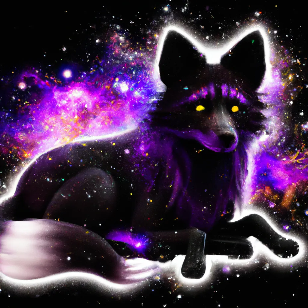 Prompt: a beautiful black fox with purple highlights with stars and the universe, hyperrealist render, high fidelity, high detail, character design