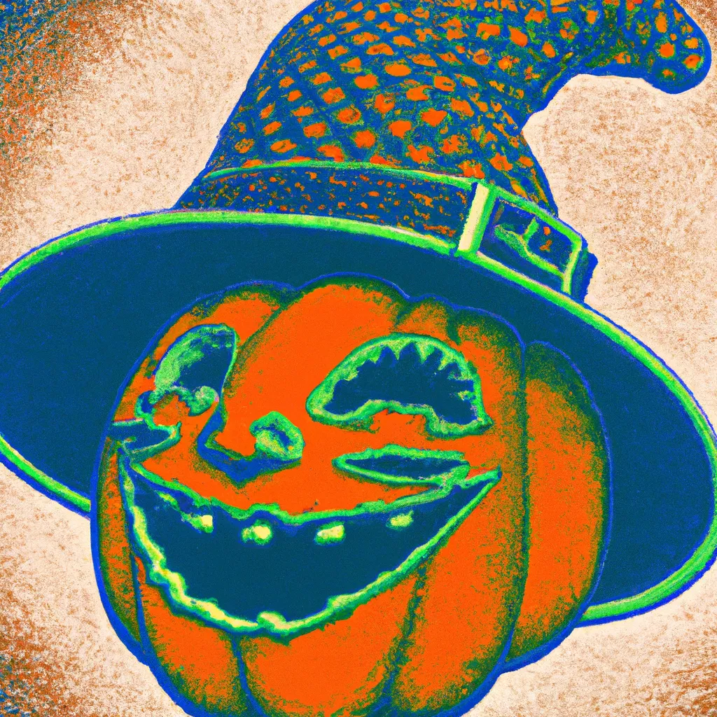 Prompt: a Ukiyo-e comic book styled vintage risograph of a jack-o'-lantern wearing a witch hat,4K,moody,award winning, trending on art station,goofy funny spooky scary mysterious halloween horror vibe, intricate details,