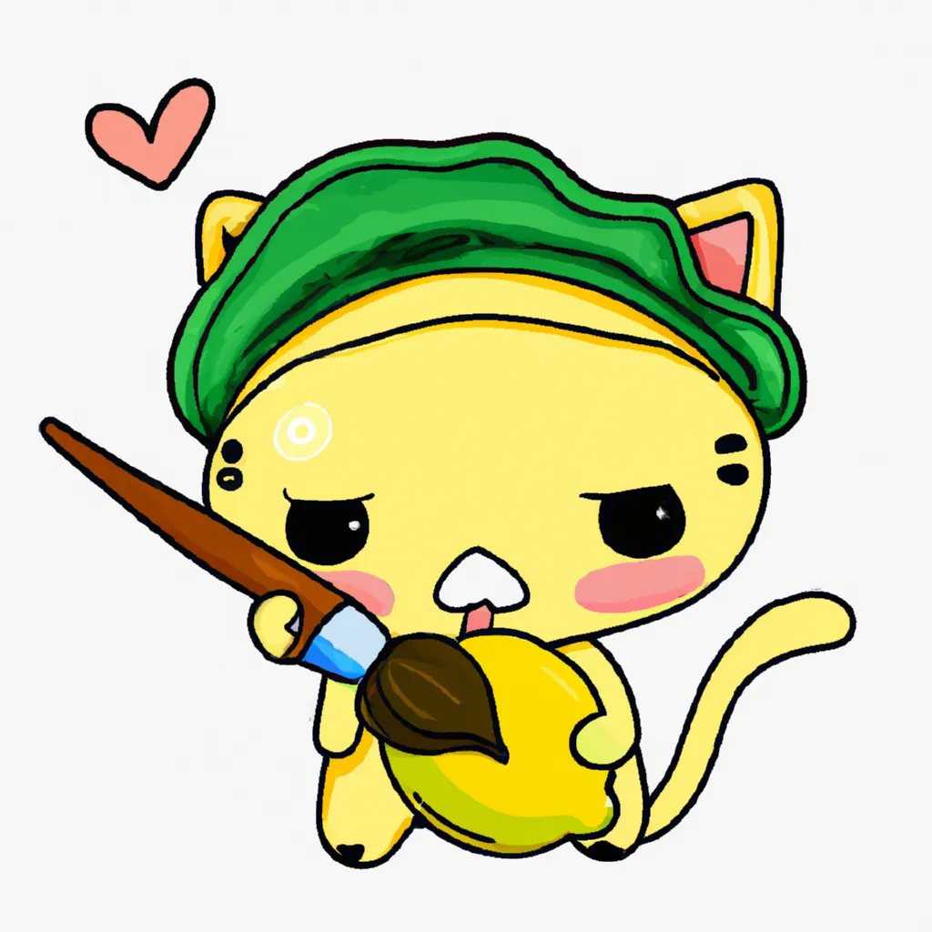 Prompt: Cute chibi  lemon cat wearing a cute lemon berets with kawaii face is painting a me a kawaii lemon man