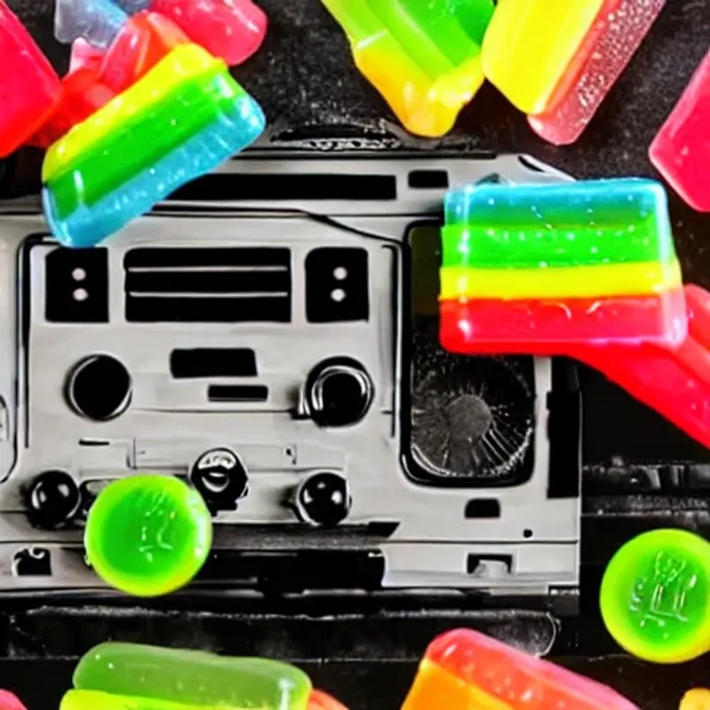 Prompt: cassette tape, cassette player, 80's, retro, gummies
 colorful candy, edibles, yummy old analog equipment, vintage 
