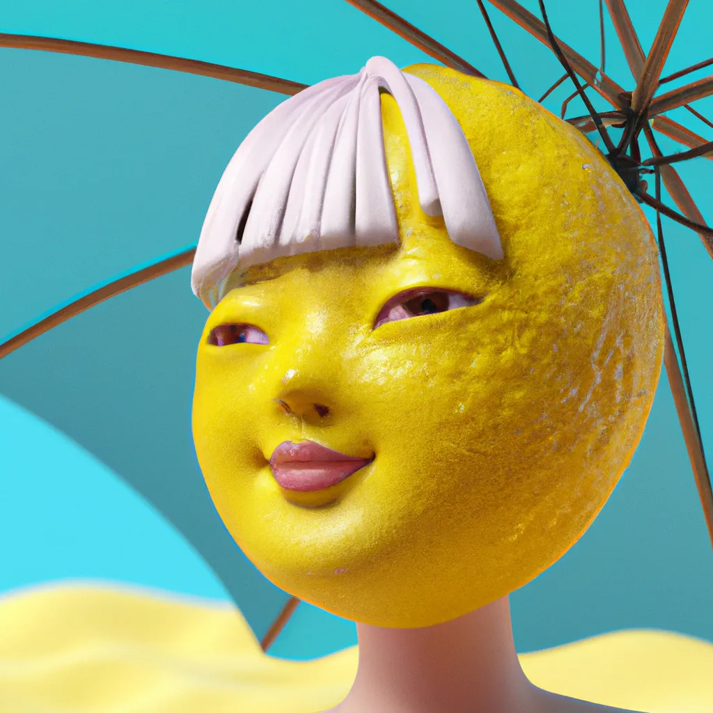 Prompt: Cover art, dynamic action pose laughing yellow lemon character wearing victorian wig at the beach under umbrella, in the shape of a lemon, beautiful eyes, concept art + 25mm + extremely detailed + ultra-realistic, soft shadows + photo realistic glisten + 4k + uhd + 3d + octane render + cinematic