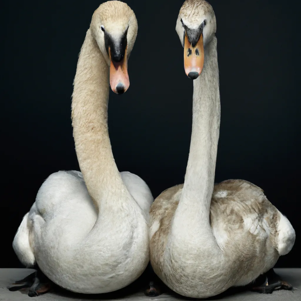 Prompt: Photorealistic portrait of a cute pair of male and female swans sitting pretty, grooming each other, fit lean & muscular, gorgeous symmetrical eyes in focus,  striking intricate fur, facial asymmetry, soft lighting, cold lighting, fine-arts photography, award-winning photo, by Martin Schoeller 8k high definition  full body