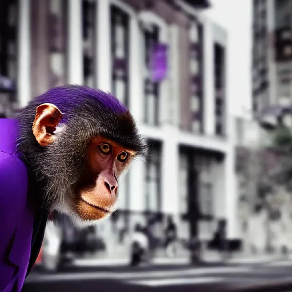 Prompt: A cinematic film still of a monkey in a purple suit, crossing a street 40mm lens, shallow depth of field, close up, from 1970 trending on artstation. HQ