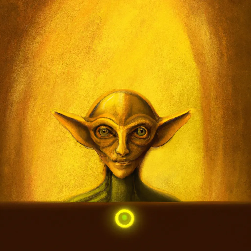 Prompt: portrait painting of a Detailed Alien on a tavern, medieval art, creepy, grotesque, yellow background, nostalgic lighting, centered,