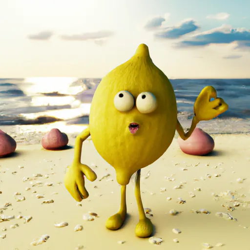 Prompt: lemon with arms and legs at  the beach looking at spiral shells, full body, happy, eyes, digital art, 3d, realistic