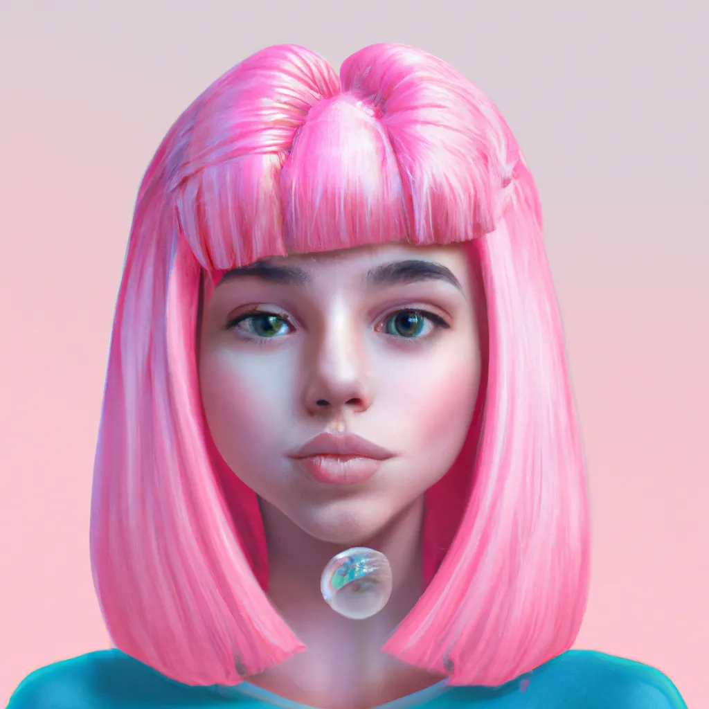 Prompt: Portrait of Girl with bubble gum pink hair and with cute face, hyperrealistic, super detailed, 8k, high quality, trending art, pink background 