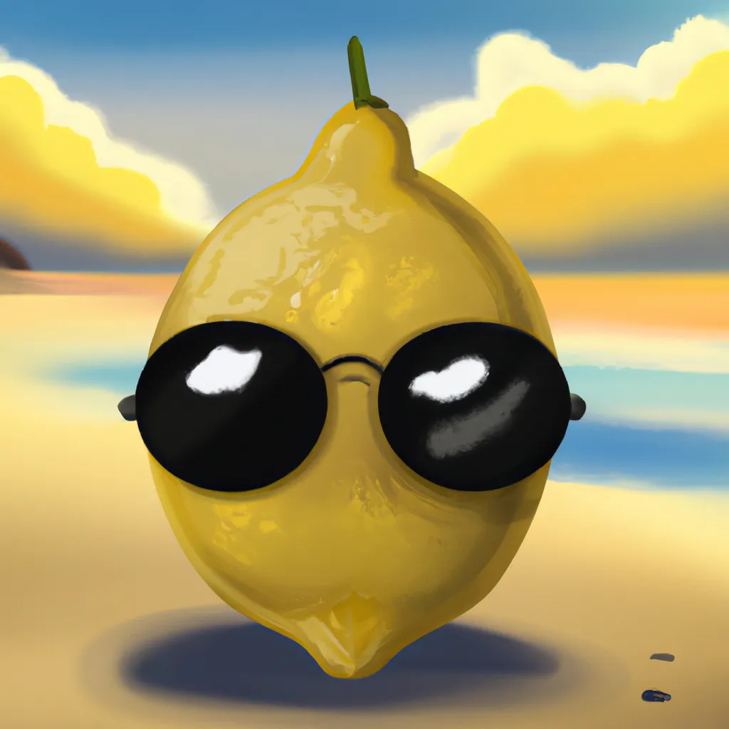 a mystical lemon wearing sunglasses on the beach, di... | OpenArt