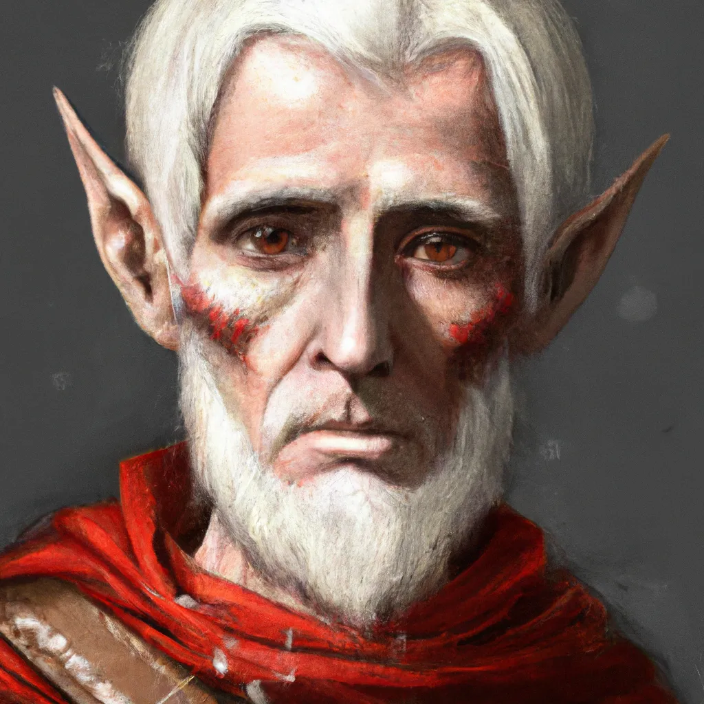 Prompt: a highly detailed portrait of a middle aged male elf with white hair and a very short beard, in red clothes, artstation, deviantart, professional, photorealistic 