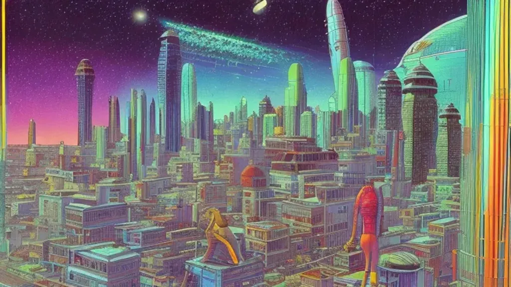 Prompt: downtown a distant galaxy by dan seagrave art and Moebius, space dust, small spaceship