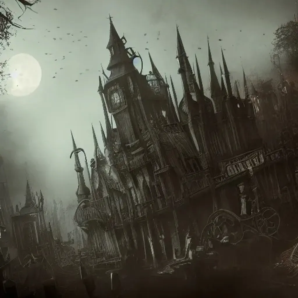 Prompt: A Bloodeborne version of Disney World, Dark tone, dilapidated carnival rides, fog, giant shadow figure with human eyes and teeth, insane detail, artstation intricate. 8K resolution, 4K definition, Sharp