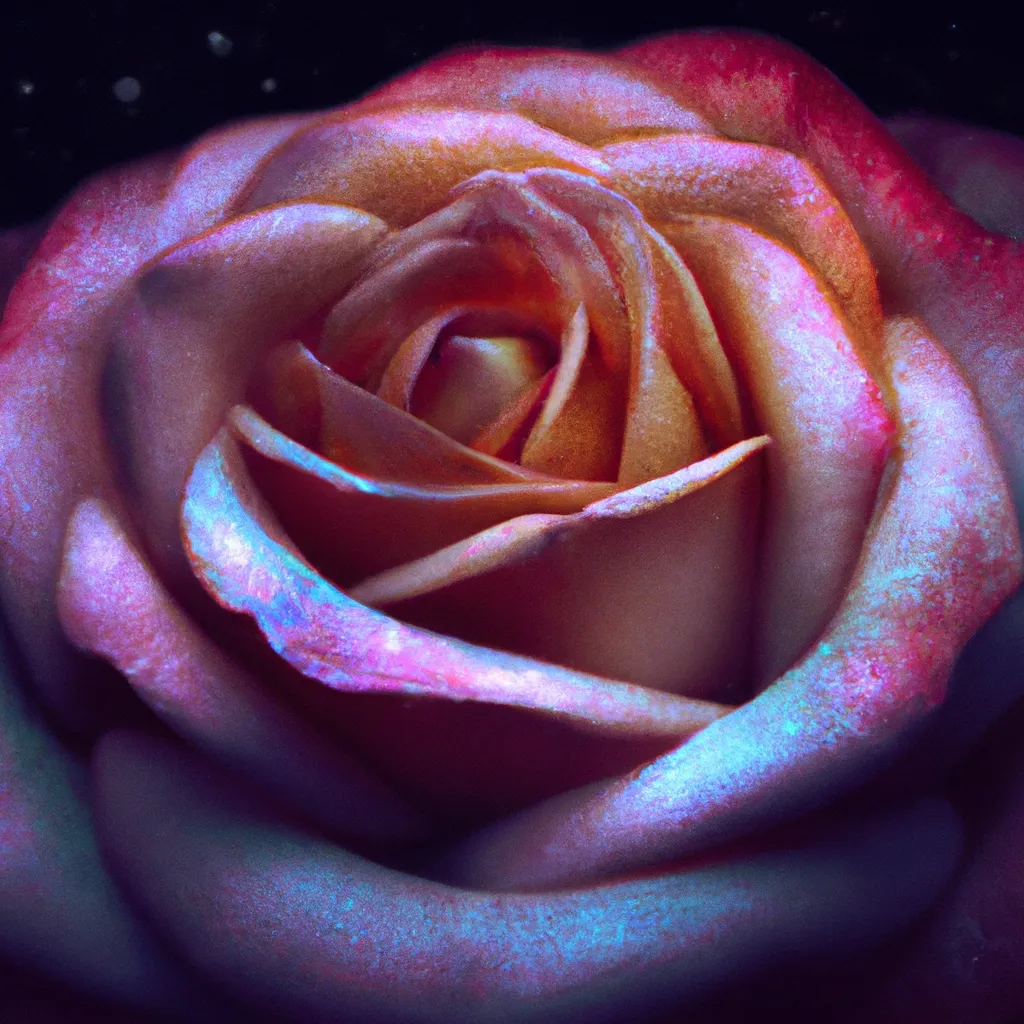 Prompt: photograph of a really beautiful rose, with petals made up of stars and billions of galaxies, outlined by a faint starlight. the petals perfectly overlap each other as they follow the twirling movement of the flower, award-winning astrophotography, 4k