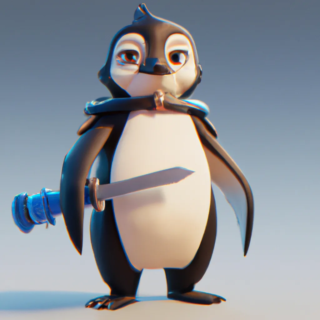 Prompt: penguin with a mantel and a ice Sword character, cartoon style, all body, light in Octane Render, High Resolution, Artstation 1