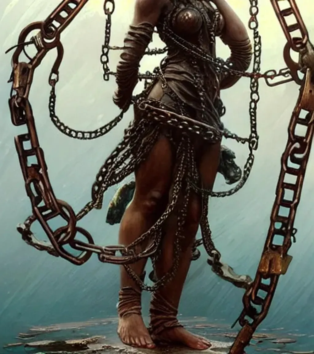 Prompt: statue in a dress made out of rusted chains, bound by large shackles and locks, underwater shipwreck, sword, gothic. magic, intricate, detailed, dramatic, action, digital painting, artstation, smooth, sharp focus, illustration, art by artgerm and greg rutkowski and alphonse mucha