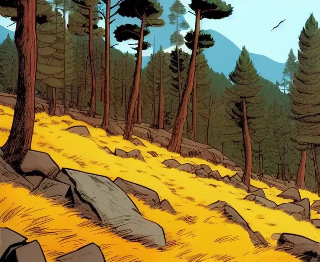 Prompt: {a rocky forest,  stream, clouds},  comic book style by {herge, moebius,  ilya kuvshinov}, {high detailed}