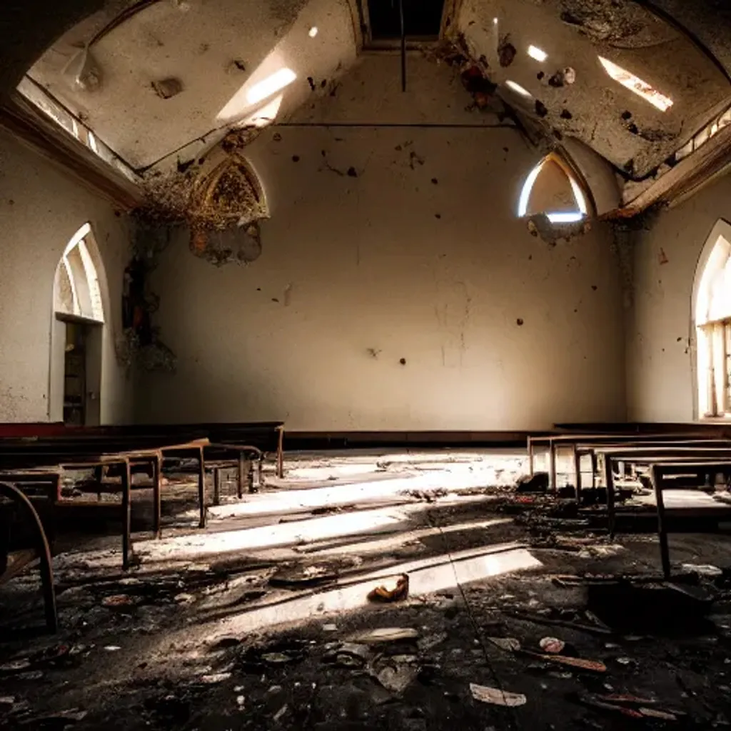 Prompt: inside abandoned church, broken benches, moody light, garbage on floor, broken roof with light coming inside