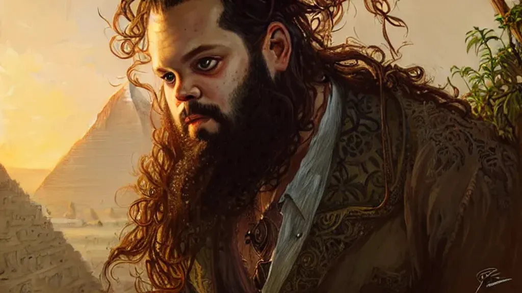 Prompt: Portrait of a cute Daniel Franzese, long hair, wide eyed, wispy beard, detailed clear face, symmetrical, detailed clothes, hanging gardens of egypt, breathtaking beauty, intricate detailed environment, dramatic sunset, by Greg Rutkowski