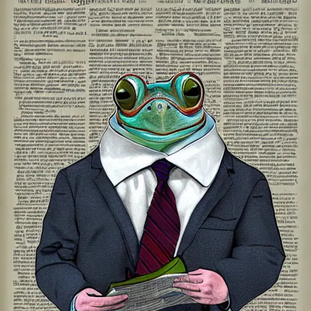 Prompt: Digital art of a Frogman wearing a tie, standing on two legs, reading a newspaper, Portrait, high detail, dark fantasy, soft
