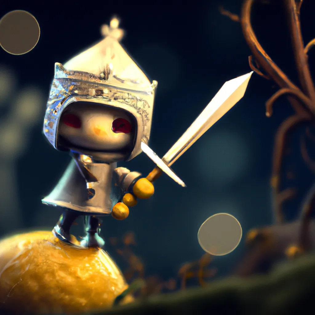 Prompt: photo of a cute cuddly happy lemon knight character holding a sword, bokeh balls lighting, shallow depth of field, fantasy art, atmospheric, cinematic, highly detailed, smooth, sharp focus, award-winning, masterpiece, in the style of Tom Bagshaw, Cedric Peyravernay, Peter Mohrbacher