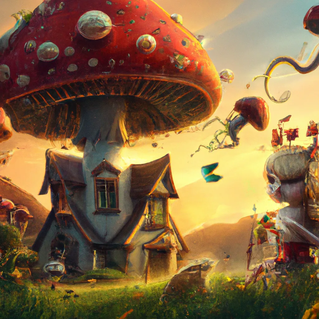 Prompt: Detailed intricate hyper realistic ultra realistic sharp clear digital airbrush by Anna Dittmann, Tom Bagshaw, Gil Elvgren. Film still Poster of a mushroom monster house with horns in the style of Coraline. Impressive steampunk. Commercial photography from children's book. Trending. Masterpiece. Dramatic backlighting. Sunset. Fantasy book  cover.