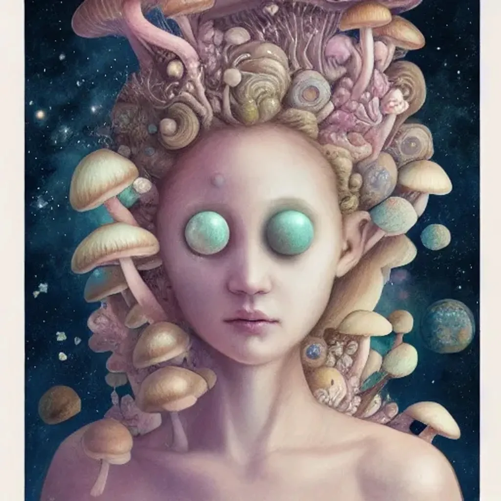 Prompt: Pastel rococo portrait, mushroom mermaid, detailed eyes, Beautiful woman, mushrooms, stars, planets, hq, fungi, celestial, moon, galaxy, stars, victo ngai, Ryan Hewett 