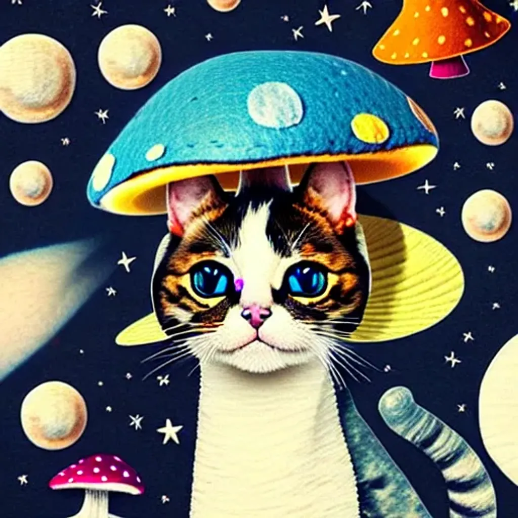 Prompt: Felt fabric portrait by Ryan Hewett, cute cat in a mushroom galaxy, hq, fungi, celestial, portrait, moon, stars, victo ngai 