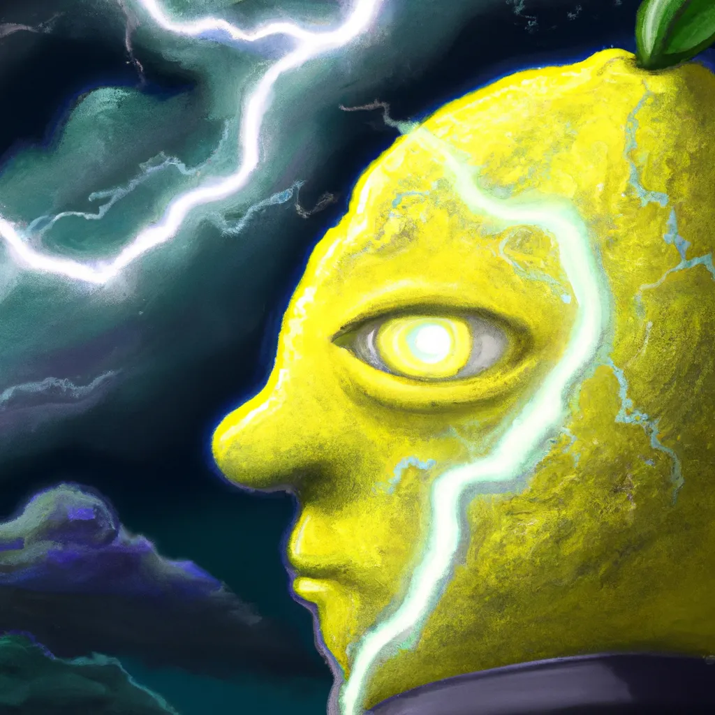 Prompt: the most enigmatic lemon person ever, 8k, intricate, very detailed, darkness, lightnings from the dark sky behind him