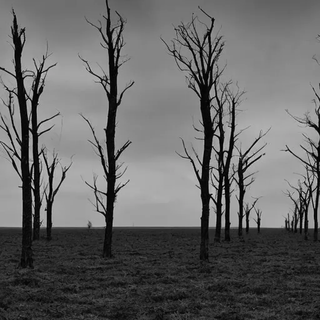 Prompt: Dark Gloomy Scenic field plains with dead thin trees in a large landscape as if it was directed by Tim Burton