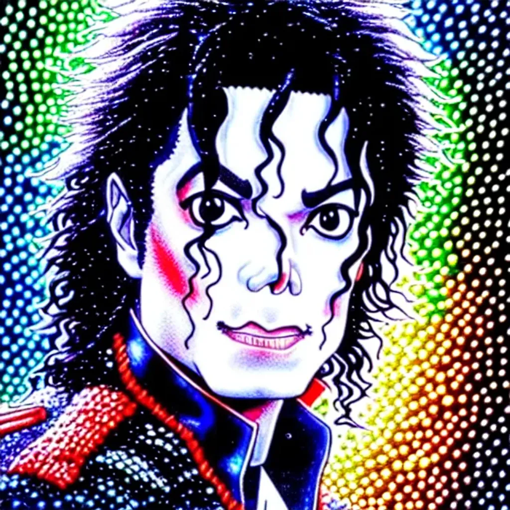 Prompt: Michael Jackson as an epic Shonen character, masterpiece musical artwork by hitapato whouak, smooth criminal, front lit, neon back lit, highly detailed art, rythm scene, sharp focus, 8k pixiv edgy, made of molten knitted sparkles, texture of intricate fractal pattern, serious anime art by Hiromu Arakawa