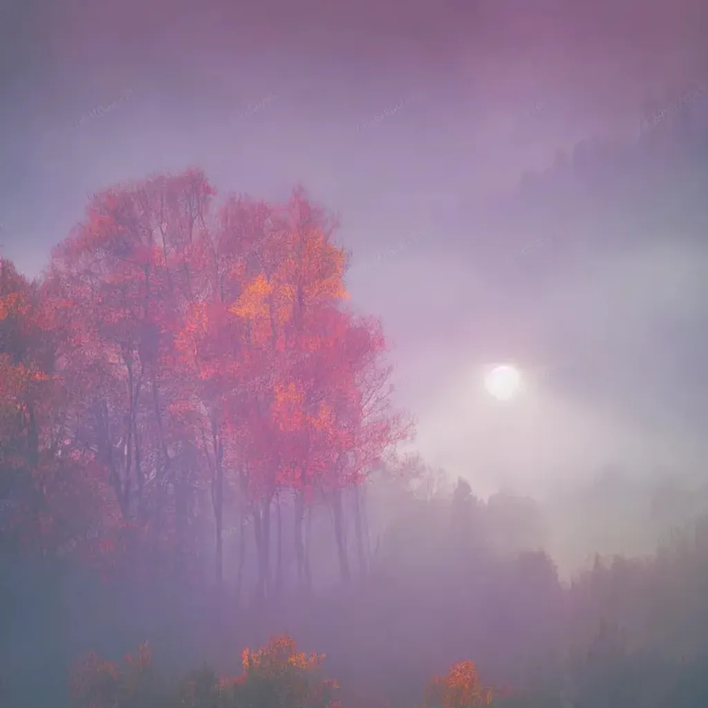 Prompt: hills covered in trees with autumn colors, soft light, at night with city in the distance