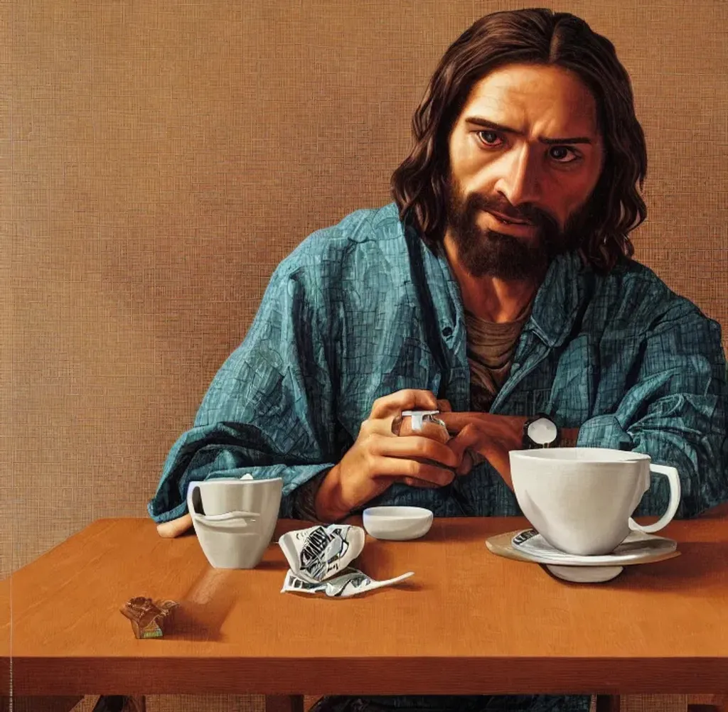 Prompt: Highly detailed photorealism of a modern look of Jesus with short hair, wearing flannels, energetic linear style, boldly accentuated realistic detail Indonesian face making a cup of V60 coffee on a table of a coffee shop, by Audrey Flack, Ralph Goings, Richard Estes, Chuck Close, Charles Bell, Robert Cottingham, Don Eddy, Gustave Courbet,  Sieger Koder,  Andy Warhol, WLOP, Artgerm, Greg Rutkowski, Alphonse Mucha, Beautiful dynamic, epic dramatic. 