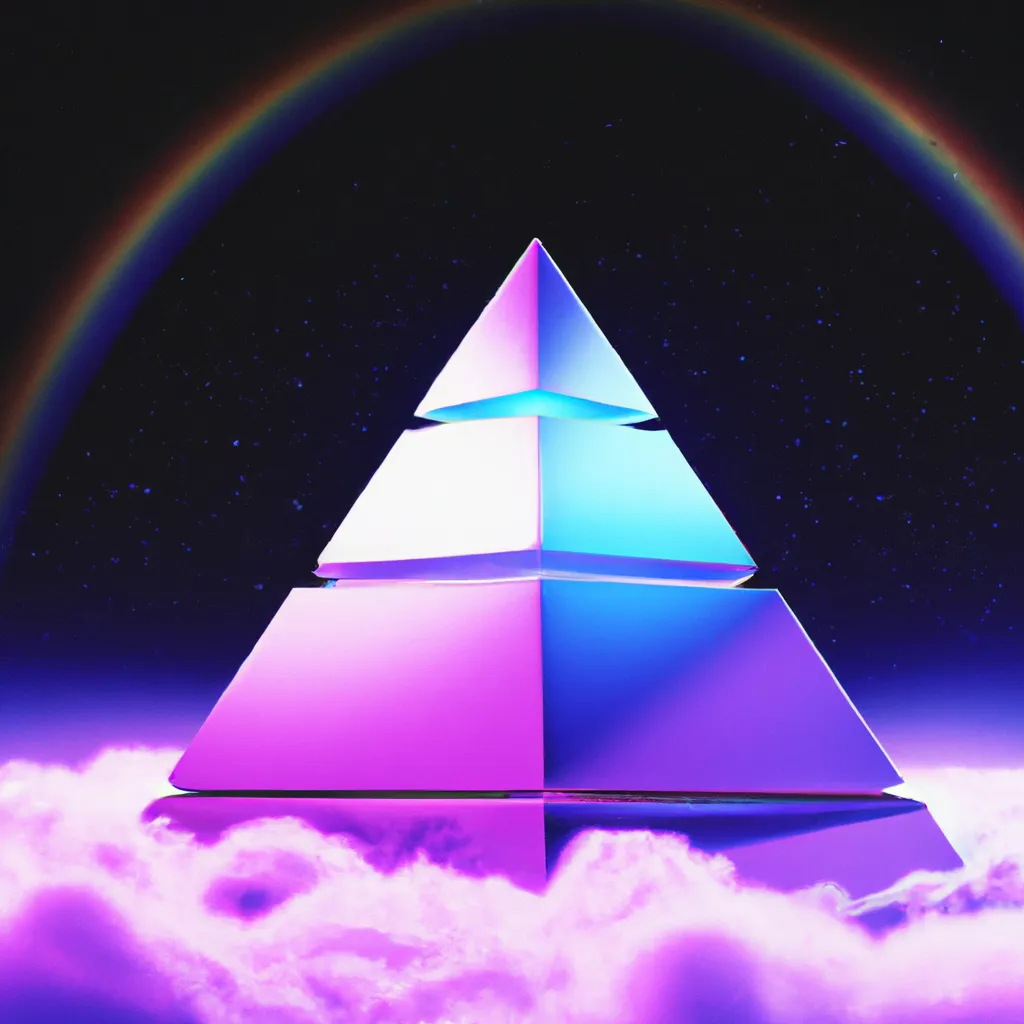 Prompt: 3d rainbow crystal opal prismatic neon pyramid, diamond cut, on a full moon night with bright stars in the cosmic sky and hypercomplex neon clouds with white lined edging, Hyper realistic, photorealistic, cinematic shot, octane render, paper cut craft 