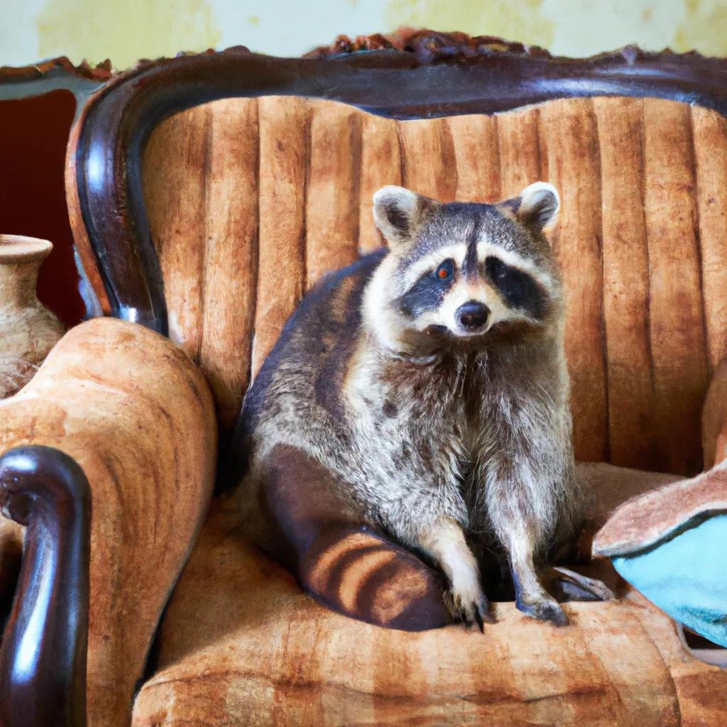 Prompt: a photo of an old racoon sitting in an armchair with seventies furniture