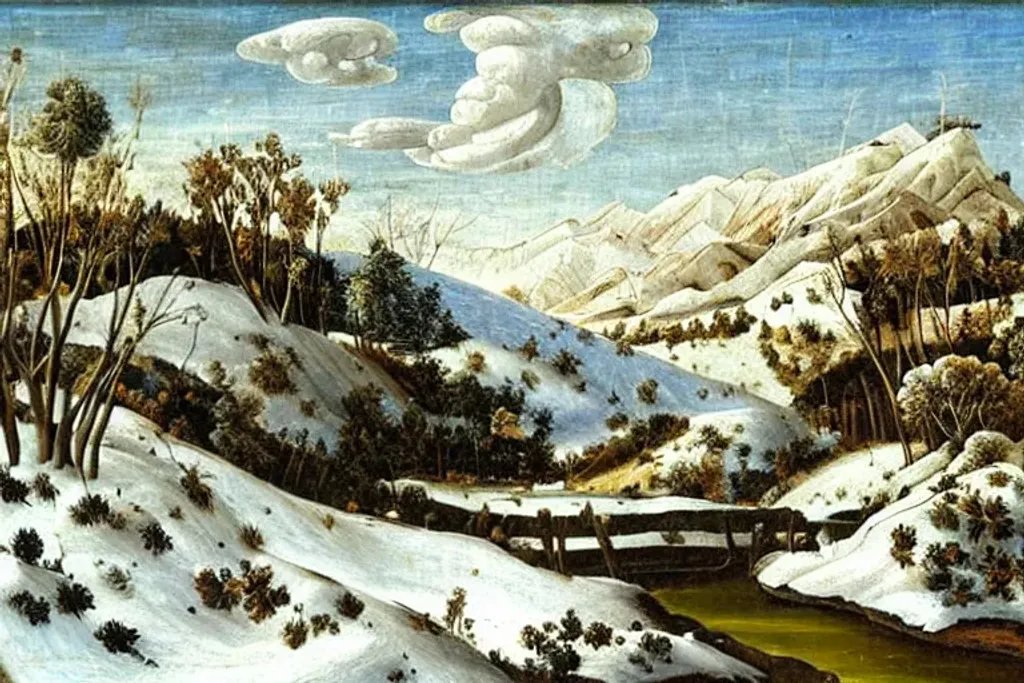 Prompt: oil painting by Botticelli a cold snowy landscape of snow covered hills meandering stream with small waterfalls, mid-day, bright sun, blue skies, fluffy clouds