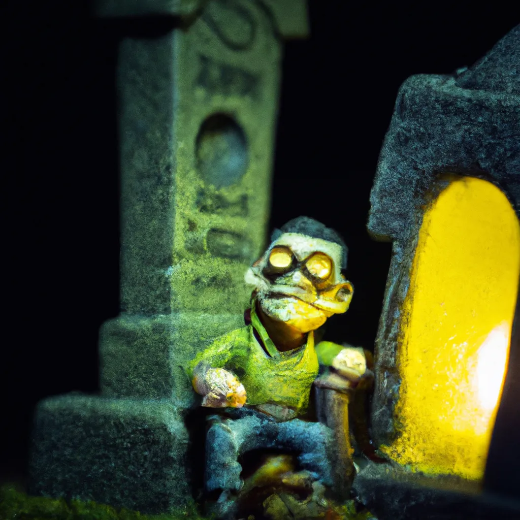 Prompt: Hyperrealistic Miniature carved frankenstein minion sitting on a grave at a graveyard and smirking, eyes glowing, holding lantern, studio quality, cinematic, sharp focus, smooth