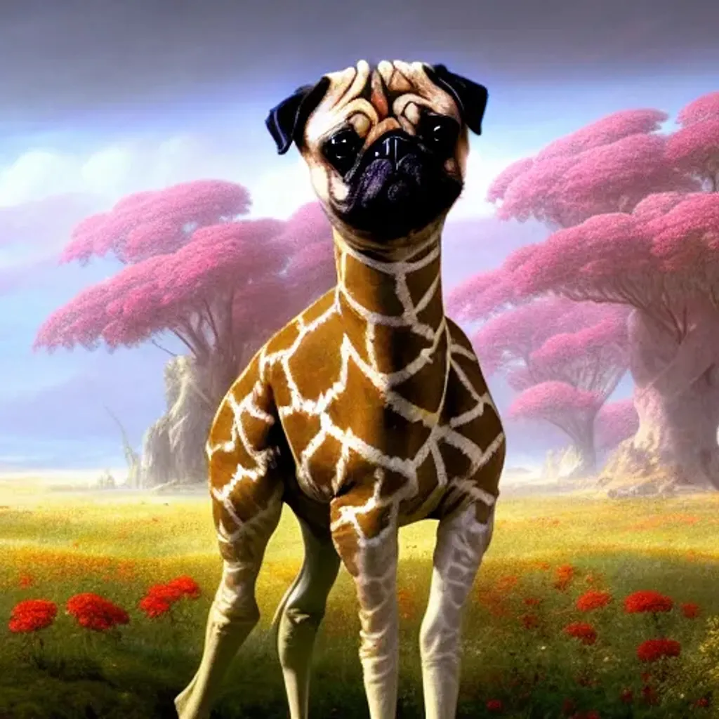 Prompt: A Half pug, Half Giraffe creature from an alien planet, surrounded by flowers, by Caspar David Friedrich, matte painting trending on artstation HQ