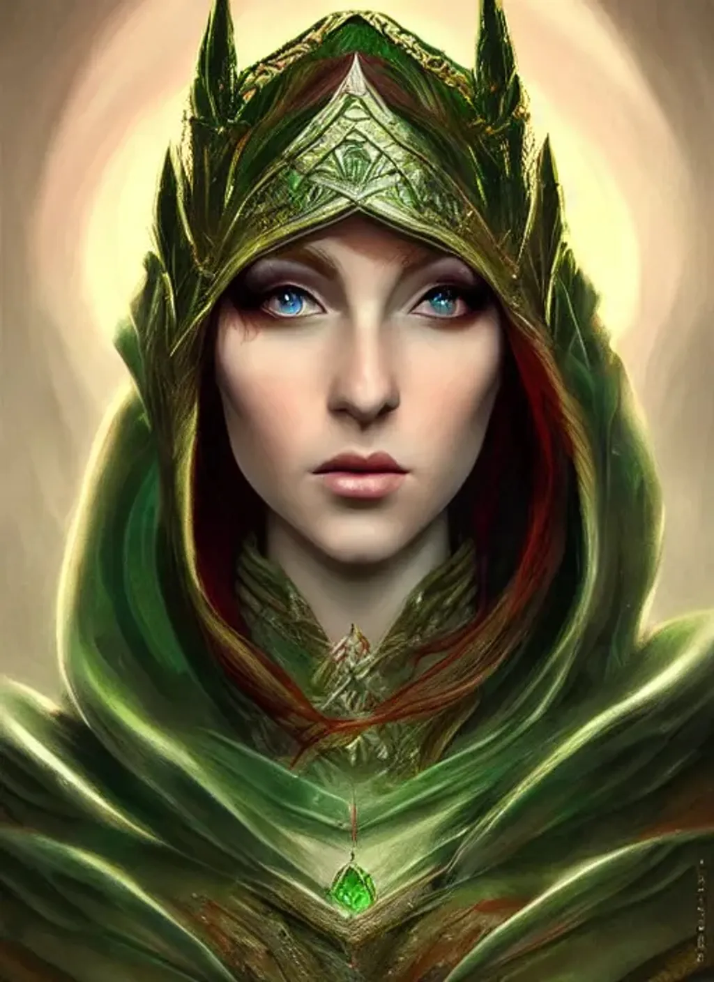 Prompt: a decent, photorealistic dramatic hyperrealistic, crystal large green eyes elven queen with red hair, white veil, elegant face, middle earth, by Jack Vance, artgerm, beautiful dynamic, shadows, artstation, concept design art, octane render, 8K