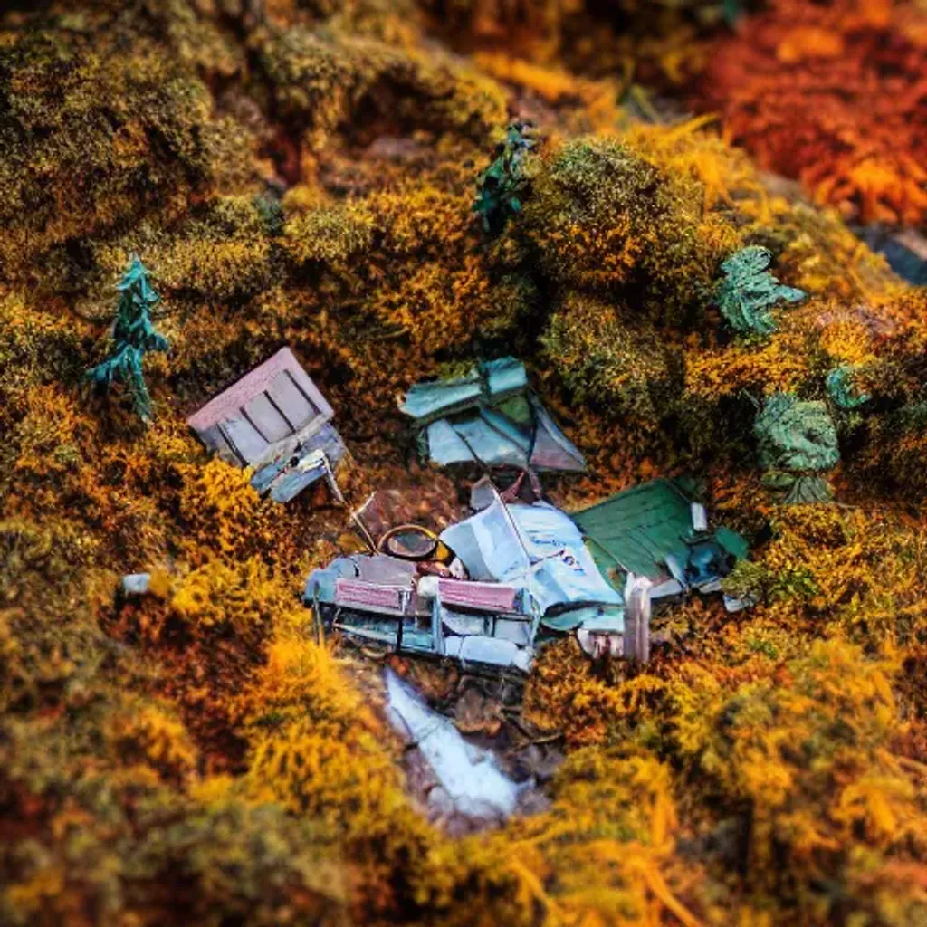 miniature world in a box on a desk at night, autumn,...