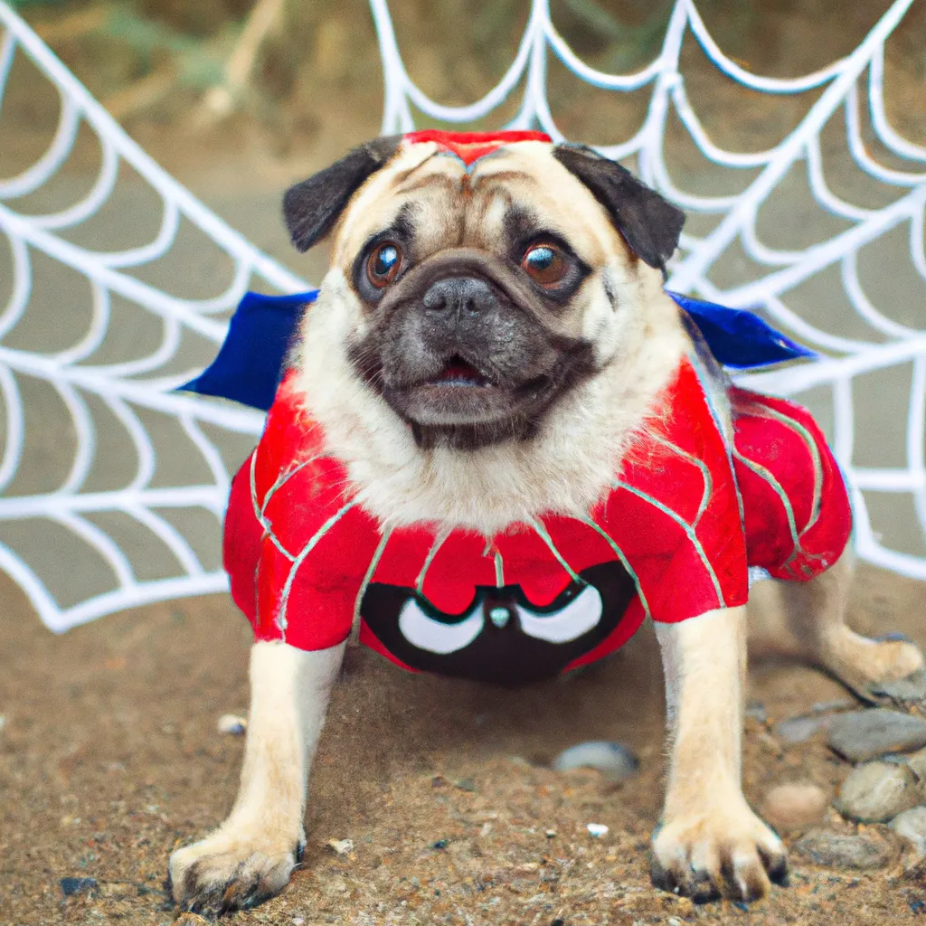 Prompt: pug in funny spider man costume 