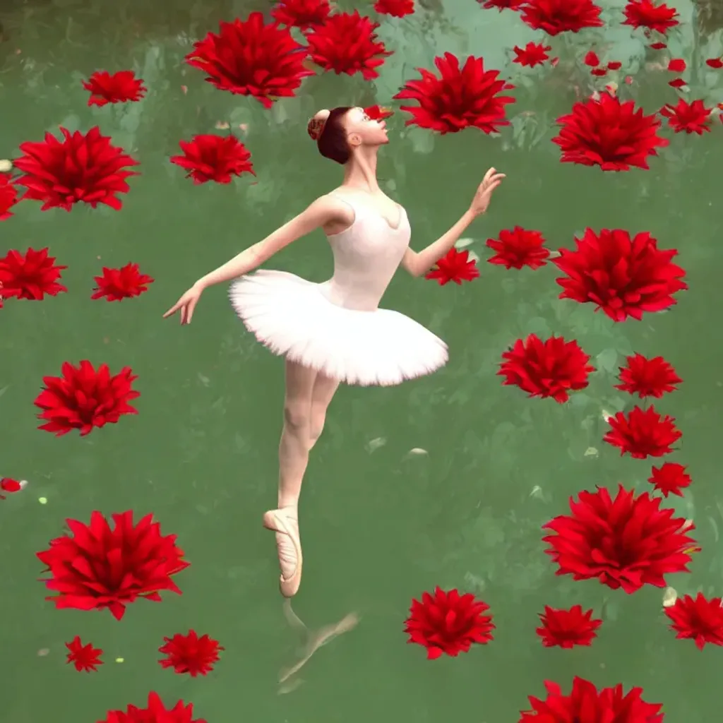 Prompt: dancing ballerina in a red gown drowning in a sea of flowers, 8k, unreal engine, dramatic lighting, natural lighting, cinematic, wallpaper, made by James Cameron, HD, RTX, wide shot