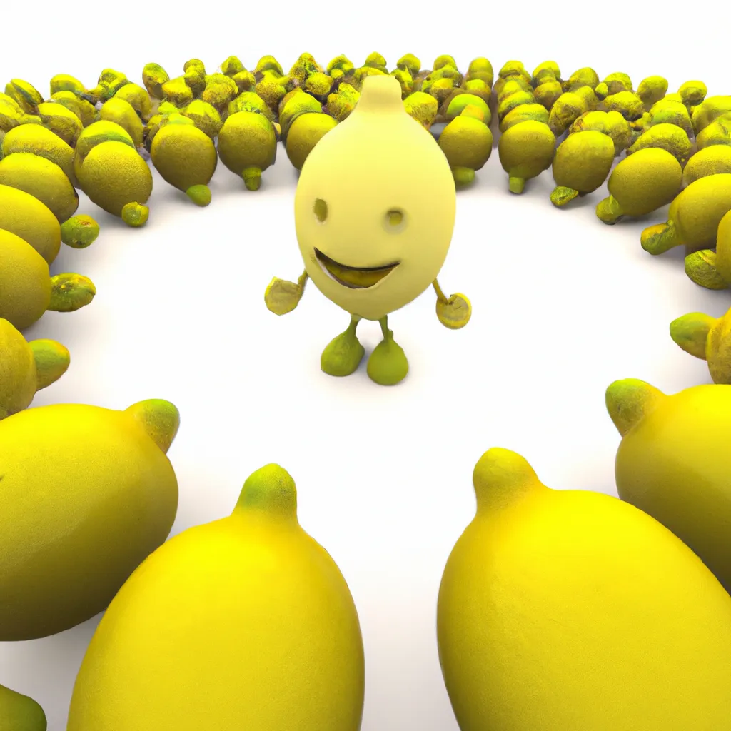 Prompt: 3-D Happy Giant Lemon surround by huge crowd of cheering lemon admirers
