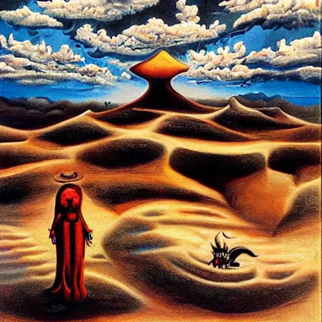 Prompt: surrealist painting clouds over a desert with a devil walking