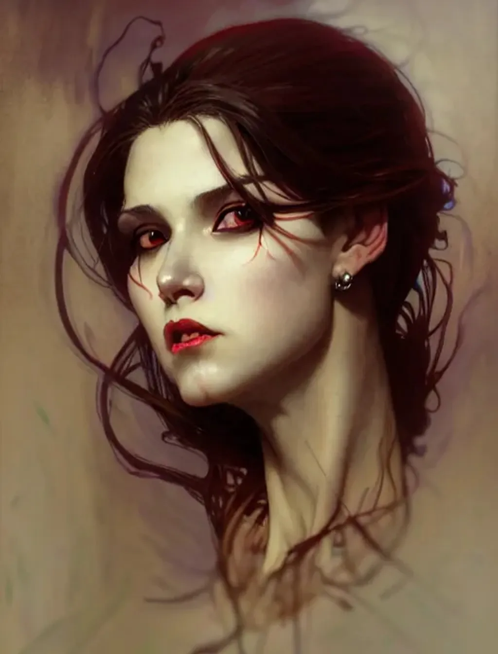 Prompt: award winning portrait of a attractive beautiful female vampire, head and shoulders,  detailed and clear eyes and mouth, by Stanley Artgerm Lau , greg rutkowski, thomas kindkade, alphonse mucha, loish, norman rockwell, J. C. Leyendecker, Trending on artstation rule of thirds extremely detailed illustration hd 4k