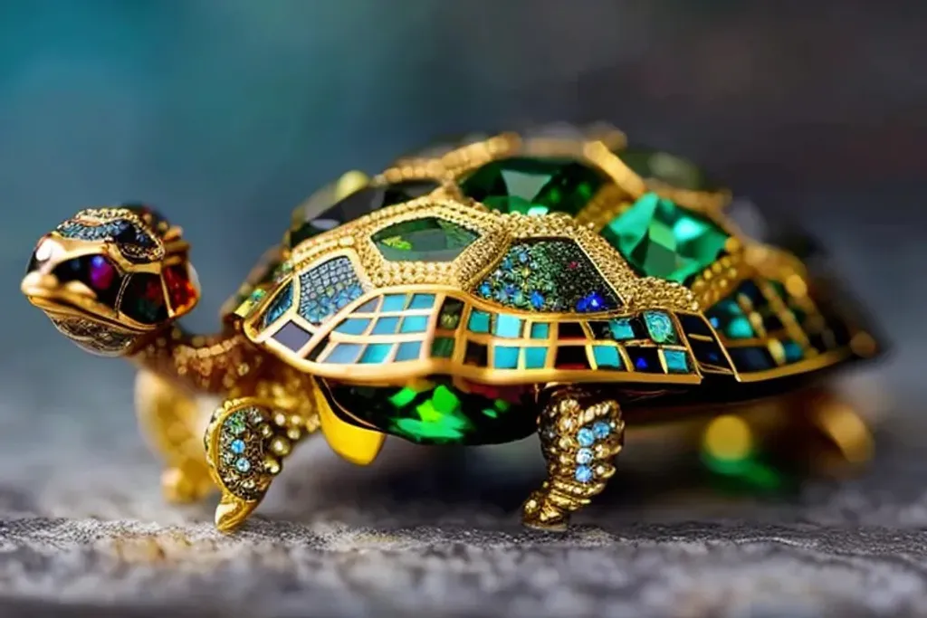 Prompt: Insanely detailed and intricated Gold emerald and sapphire turtle scales, Gold and scarlet Ruby stones , sapphire stones, hot glowing Ruby stones, hot emerald stones