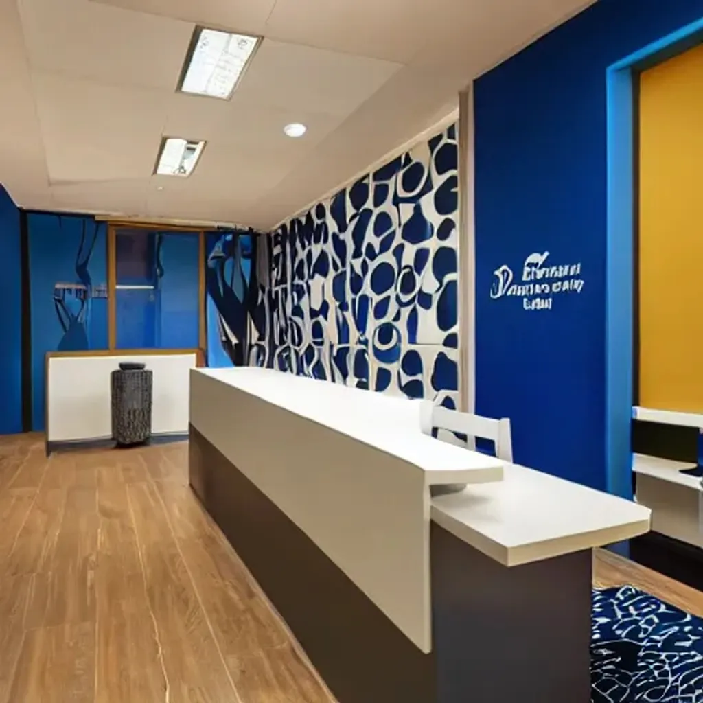 Prompt: Office reception in blue and black theme