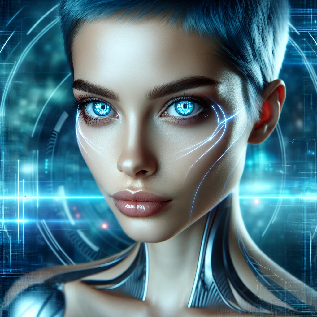 Prompt: a woman with a futuristic face and a futuristic body, blue eyes and blue short hairs, with a futuristic background and lines of light coming from her eyes