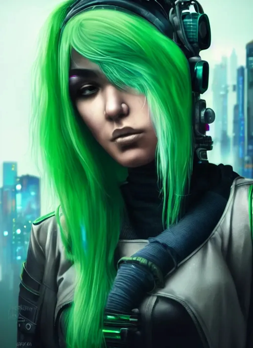 Prompt: Portrait of {cyberpunk mercenary woman} with {Green} hair and with cute face, {Cyberpunk city}, perfect composition, hyperrealistic, super detailed, 8k, high quality, trending art, trending on artstation, sharp focus, studio photo, intricate details, highly detailed,