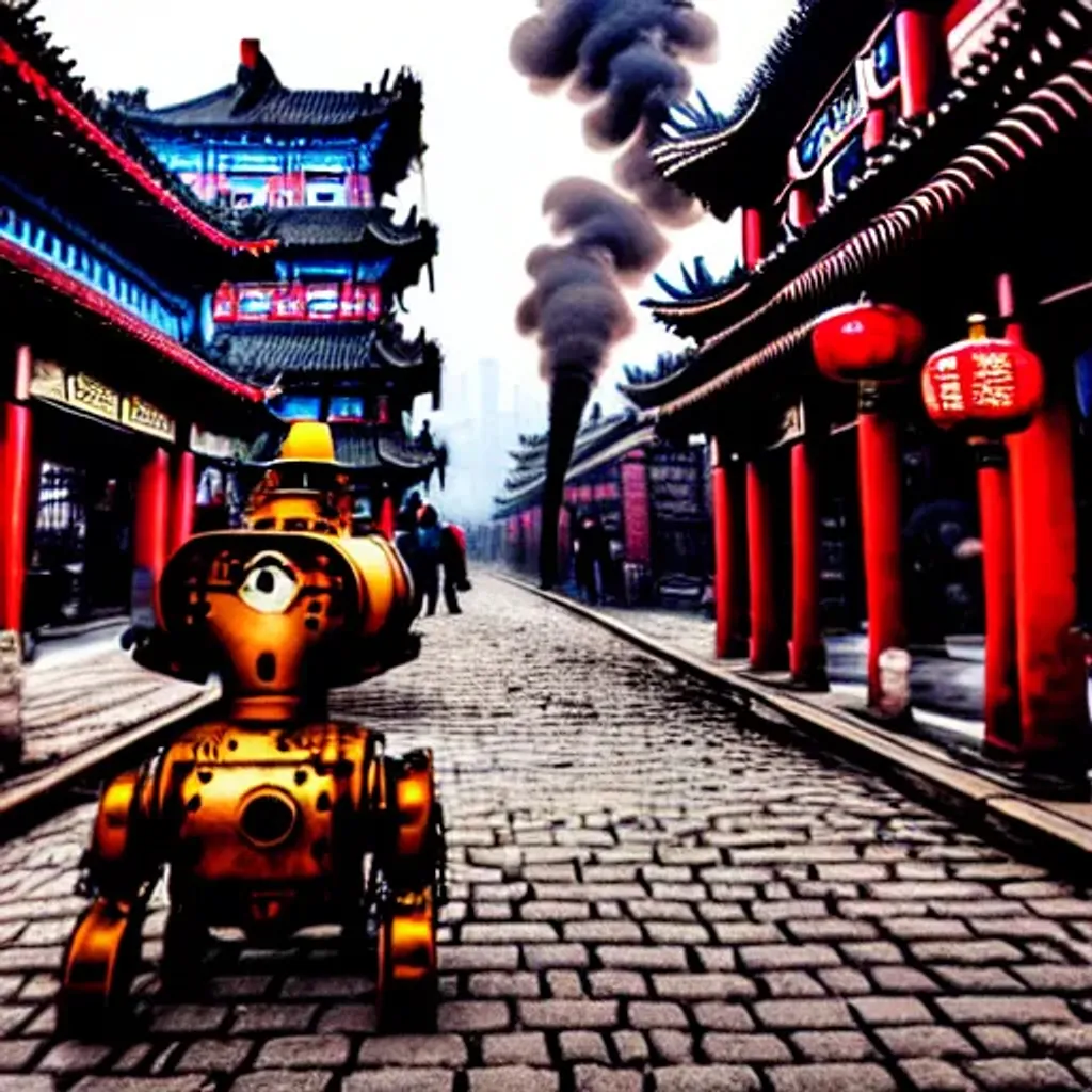 Prompt: Steampunk Chinese city with steam-powered robots and locomotives in the streets, factories and smokestacks, cobblestone streets, gritty, broad light, wide angle, over the shoulder point of view, overcast, highly detailed, picturesque, romantic, vivid colors