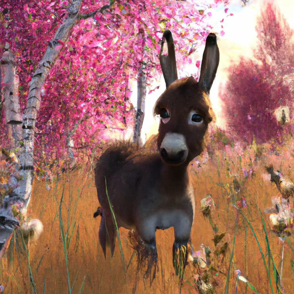 Prompt: a cute fuzzy donkey, adorable, in a field of flowers, birch trees, anime, animated, animation, scenic, beautiful, soft light, gold and pink light, key visual, digital Art, perfect composition, beautiful detailed intricate insanely detailed octane render trending on artstation, 8 k artistic photography, photorealistic concept art, soft natural volumetric cinematic perfect light, chiaroscuro, award - winning photograph, masterpiece, oil on canvas, raphael, caravaggio, greg rutkowski, beeple, beksinski, giger