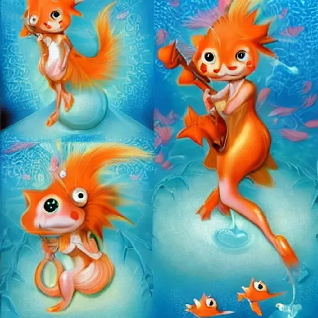 Prompt: Ultra high Quality photo |A cute little furry goldfish is serving Dali and Escher and Klarwein posing as cute furry little Cinderella | concept art | video game  character | saxophone  | flora fauna theme | fine details and expressions | Finding Nemo  movie | ultra high resolution octane  | Hanako Yamamoto  | subject centered | photo realistic | adjusted aspect ratio | upscale | by Artgerm Artstation Pixar Disney 